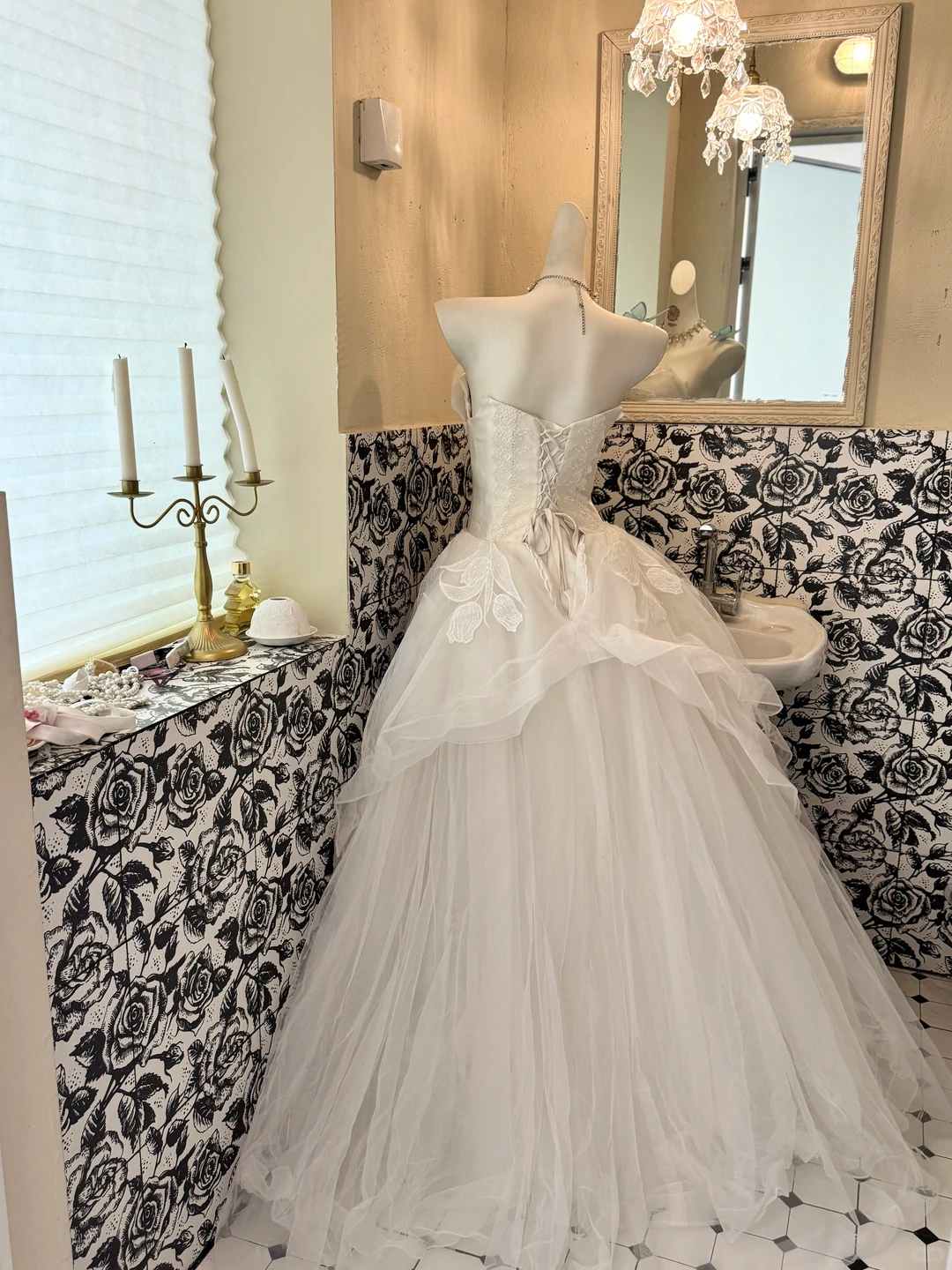 White Strapless Printed Waist-Cinched Puffy Skirt Romantic Dress, Wedding Gown gh7569