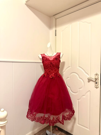 Burgundy Midi Cocktail Dress, Sleeveless Illusion Neck 3D Floral Lace Homecoming Gown, Tulle Skirt With Lace Hem gh9166