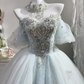 Light Ice Blue Tulle Long Evening Gown, Off Shoulder Puff Sleeve Heavy Beaded Rhinestone Princess Prom Dress gh9273
