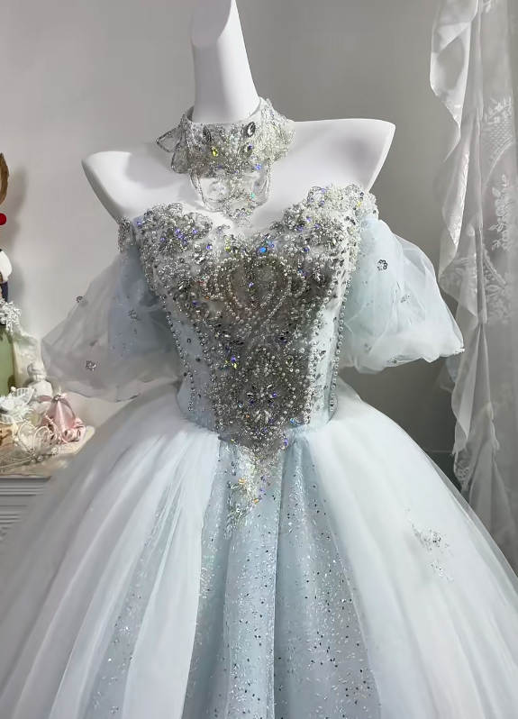 Light Ice Blue Tulle Long Evening Gown, Off Shoulder Puff Sleeve Heavy Beaded Rhinestone Princess Prom Dress gh9273