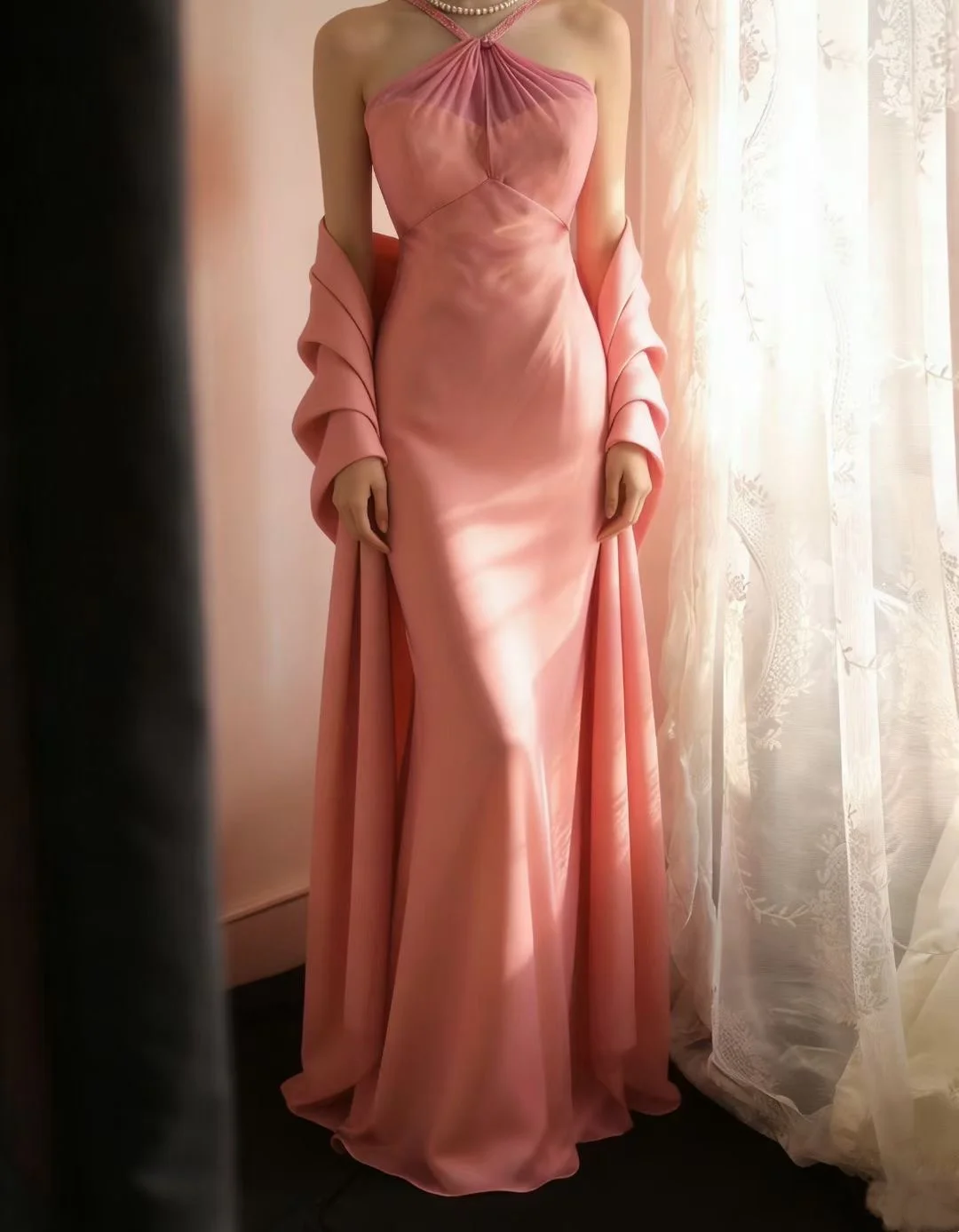 Pink Halter Waist-Fitted Retro Elegant Ball Gown, Evening Party Dress gh7132