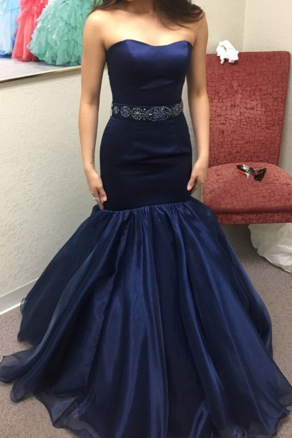 girlhomeshops-Elegant Navy Satin & Tulle Mermaid Gown for Formal Events gh5815