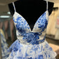 Blue Floral Print V Neck A-Line Spaghetti Straps Ruffles Tiered Slits Long Graduation Dress Evening Gown Prom Dress Wedding Guest Party Dress gh3182