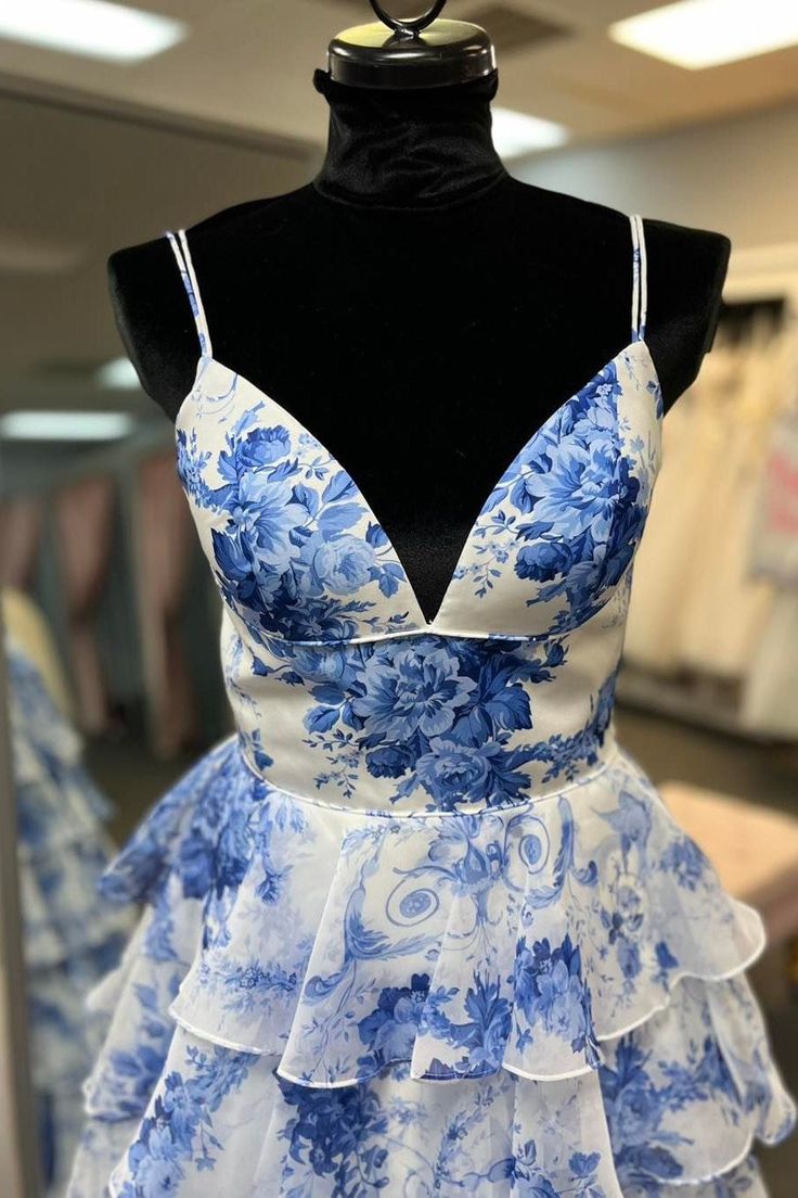 Blue Floral Print V Neck A-Line Spaghetti Straps Ruffles Tiered Slits Long Graduation Dress Evening Gown Prom Dress Wedding Guest Party Dress gh3182