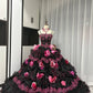 Schwarz Rosa Blumen Maximalismus Langes Tüll Ballkleid 16. Geburtstagskleid Quinceanera Kleid gh4739