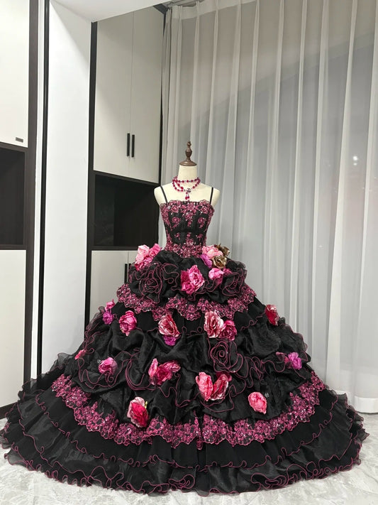 Schwarz Rosa Blumen Maximalismus Langes Tüll Ballkleid 16. Geburtstagskleid Quinceanera Kleid gh4739