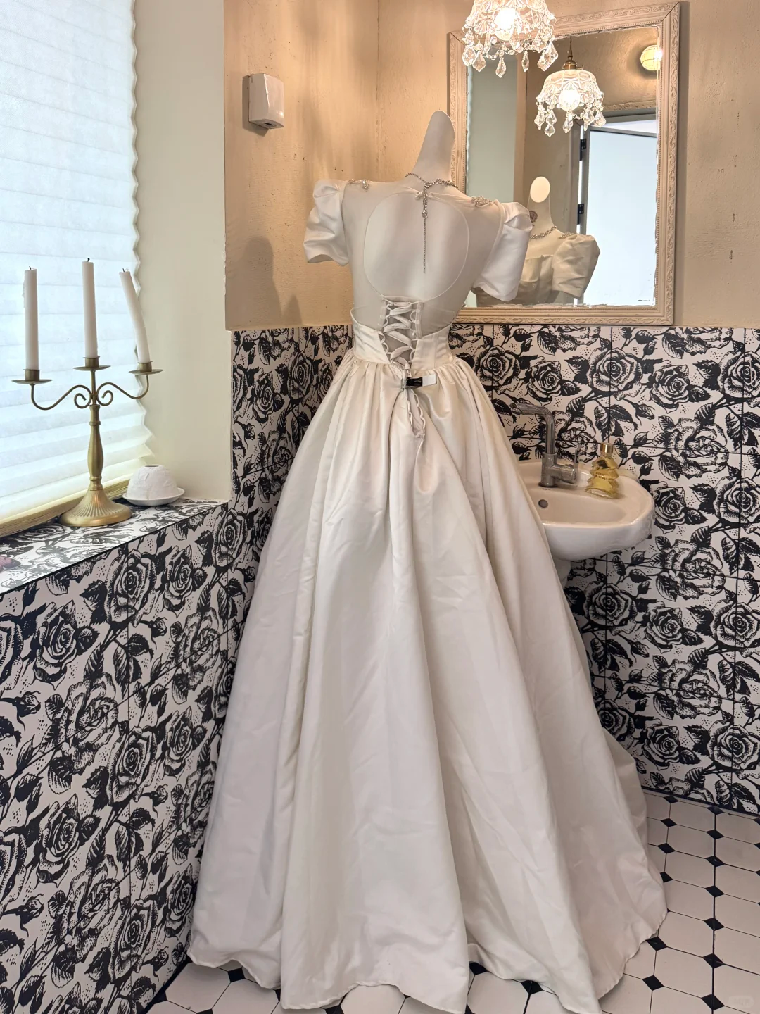 White Square Neck Puff Sleeve Waist-Cinched Full Flared Long Vintage Romantic Dress, Wedding Gown gh7507