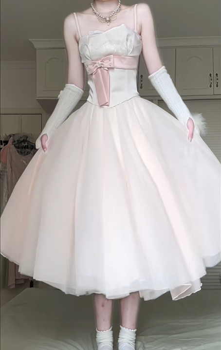 Pale Pink‑White Spaghetti Strap Midi Evening Gown, Lace Bodice Pink Satin Bow Tulle A‑Line Formal Prom Dress gh9049