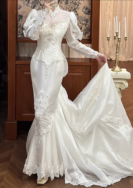 White Vintage Tulle Mermaid Wedding Prom Dress, Lace High Neck Illusion Sweetheart, Leg‑of‑Mutton Lace Sleeves, Floral Lace Appliqués, Scalloped Lace Long Train gh8686
