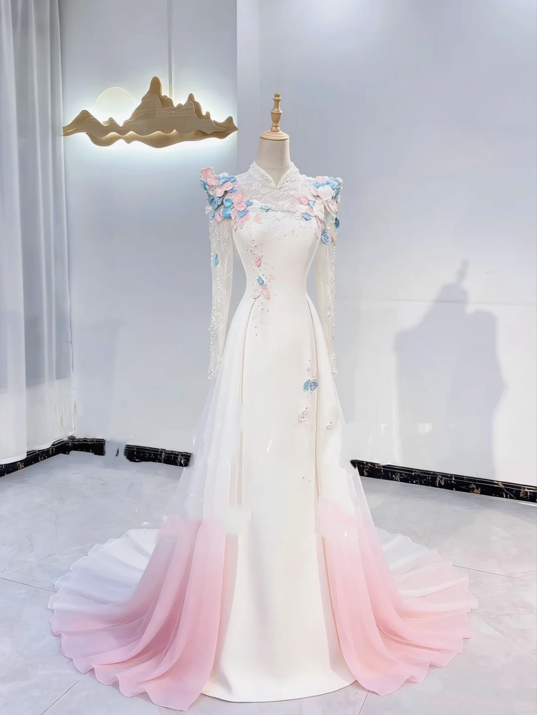 Light Pink Gradient Lace Long Sleeve Waist-Cinched Fitted Grand Long Evening Dress, Fairy Gown, Romantic Gown gh7395