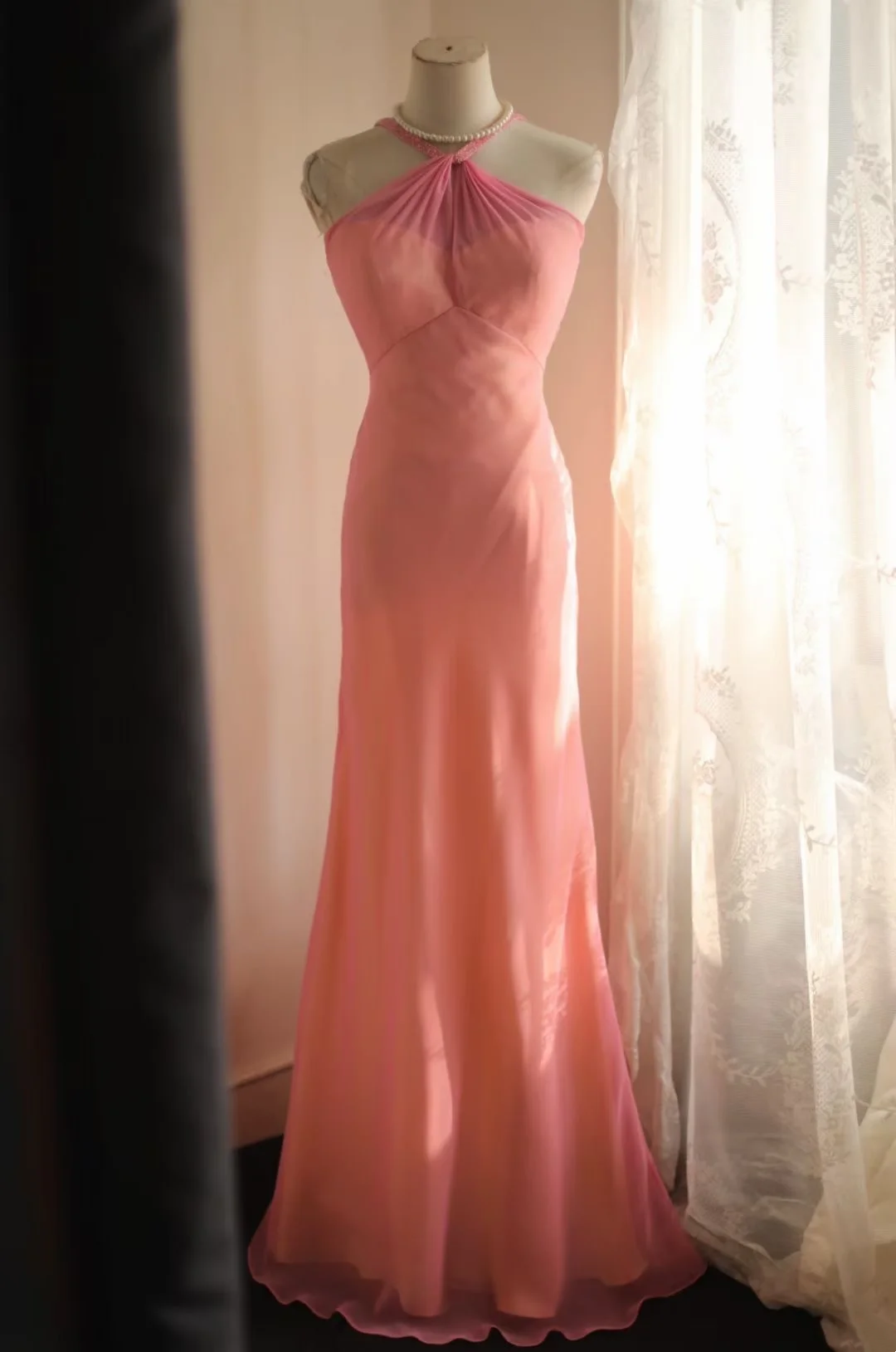 Pink Halter Waist-Fitted Retro Elegant Ball Gown, Evening Party Dress gh7132