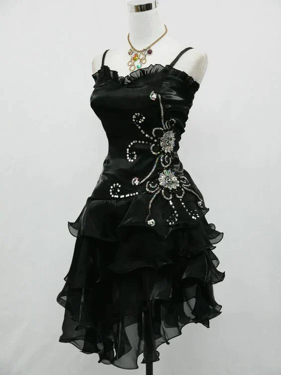 girlhomeshops--Blue/Black Delicate Floral Beaded Short Ruffled Tulle Homecoming Dress gh5635