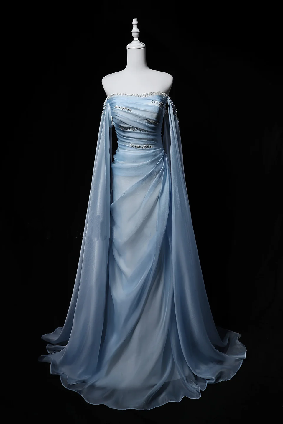 Light Blue Off-Shoulder Waist-Cinched Fitted Elegant Long Evening Dress, Fairy Gown, Romantic Gown gh7475