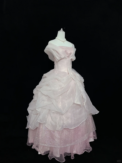Blush Pink Vintage Neckline Cinched Waist Bow Voluminous Princess Skirt Romantic Dress, Wedding Gown gh8063