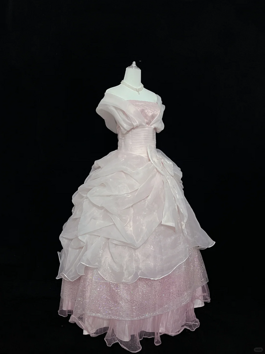 Blush Pink Vintage Neckline Cinched Waist Bow Voluminous Princess Skirt Romantic Dress, Wedding Gown gh8063