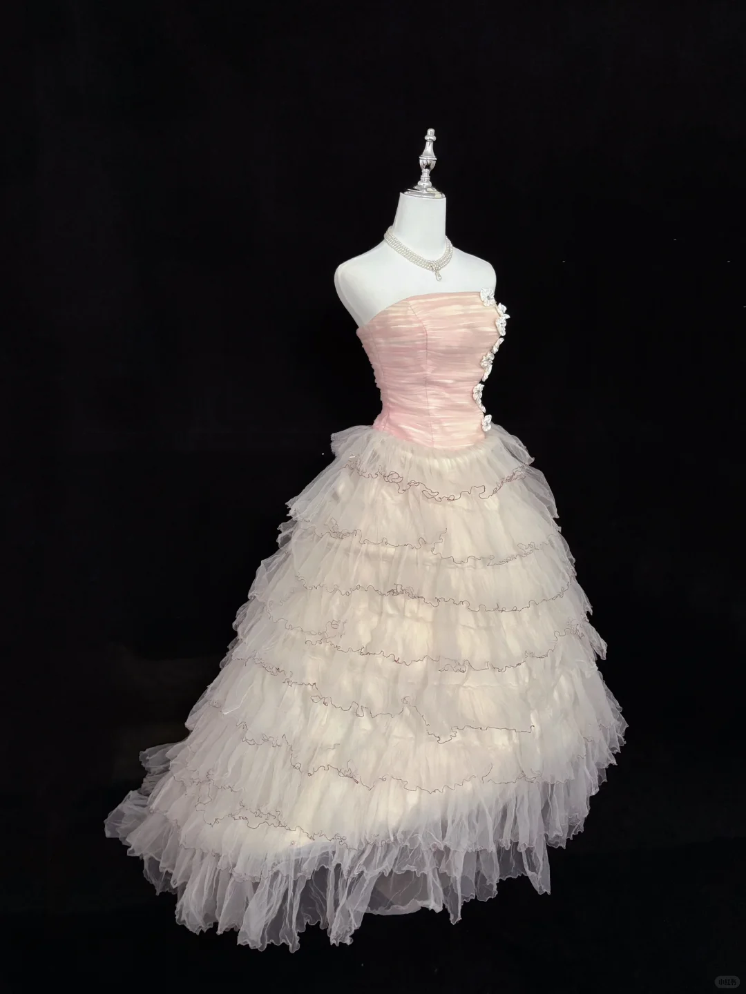 Blush Pink Strapless With Fresh Florals Cinched Waist Voluminous Tiered Skirt Romantic Dress, Wedding Gown gh8013