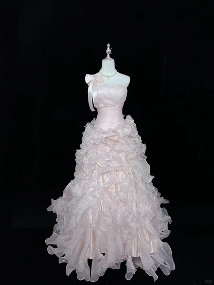 Blush Pink One-Shoulder Strap Cinched Waist Tiered Skirt Long Romantic Dress, Wedding Gown gh7967