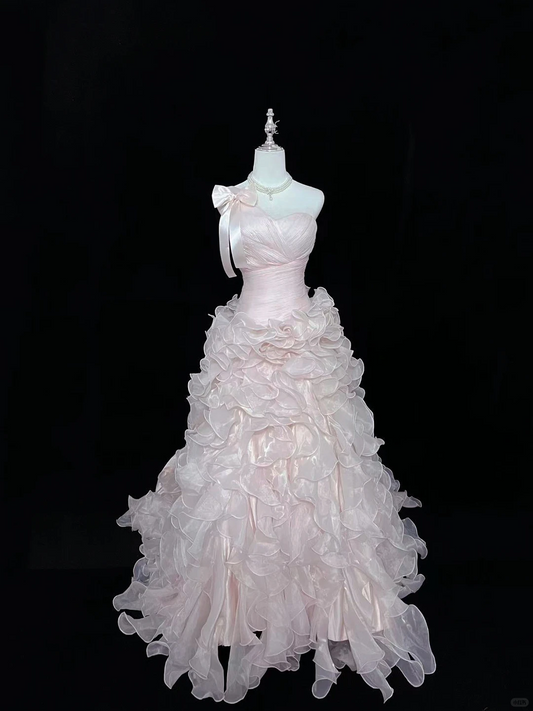 Blush Pink One-Shoulder Strap Cinched Waist Tiered Skirt Long Romantic Dress, Wedding Gown gh7967
