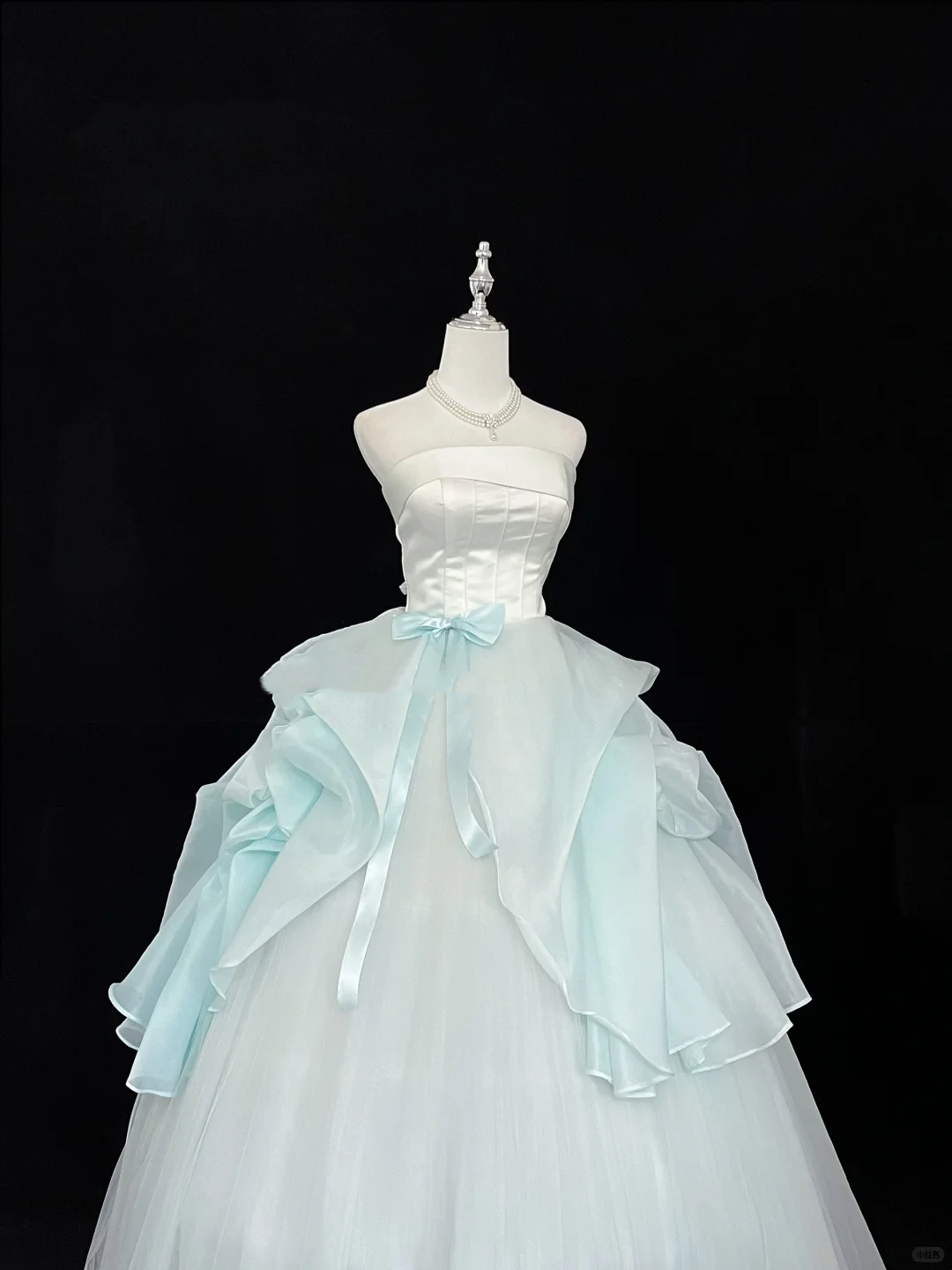 White Satin Strapless Cinched Waist Light Blue Voluminous Princess Skirt Long Romantic Dress, Wedding Gown gh7927