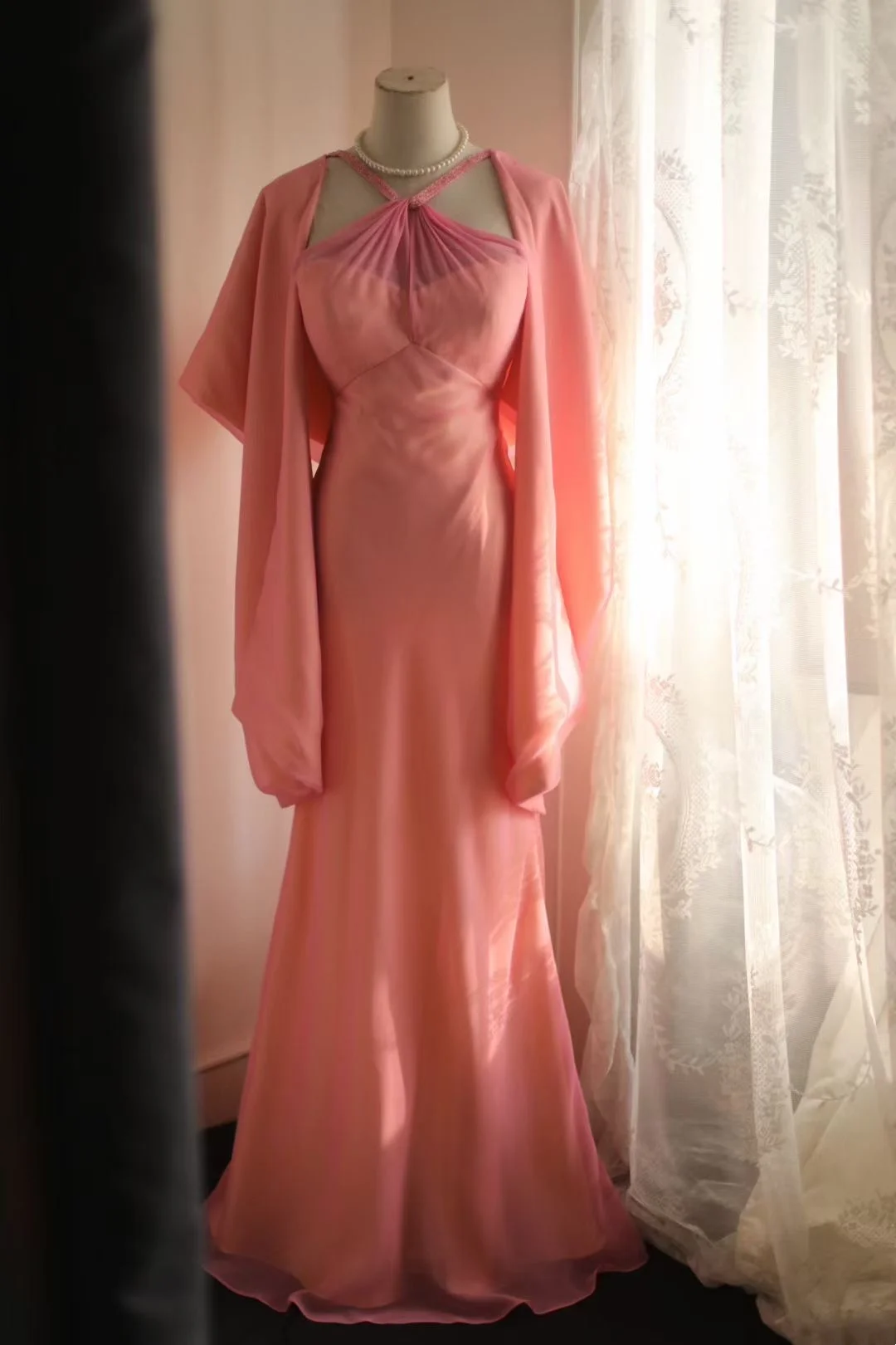 Pink Halter Waist-Fitted Retro Elegant Ball Gown, Evening Party Dress gh7132