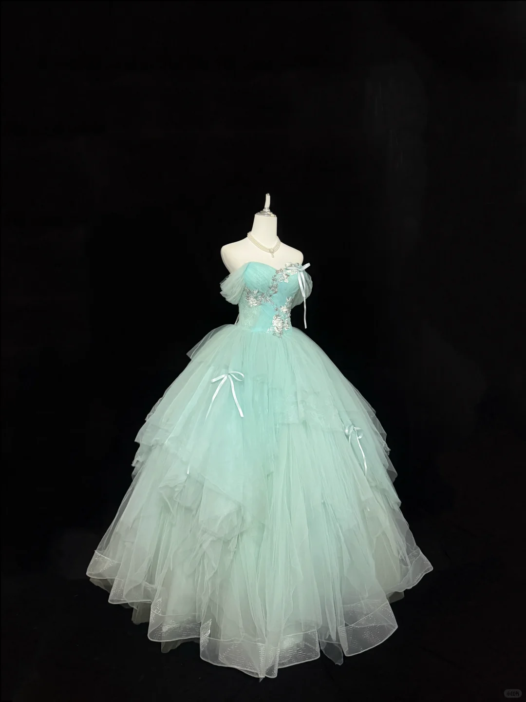 Light Lake Blue Off-the-Shoulder Cinched Waist Voluminous Skirt Long Romantic Dress, Wedding Gown gh7843