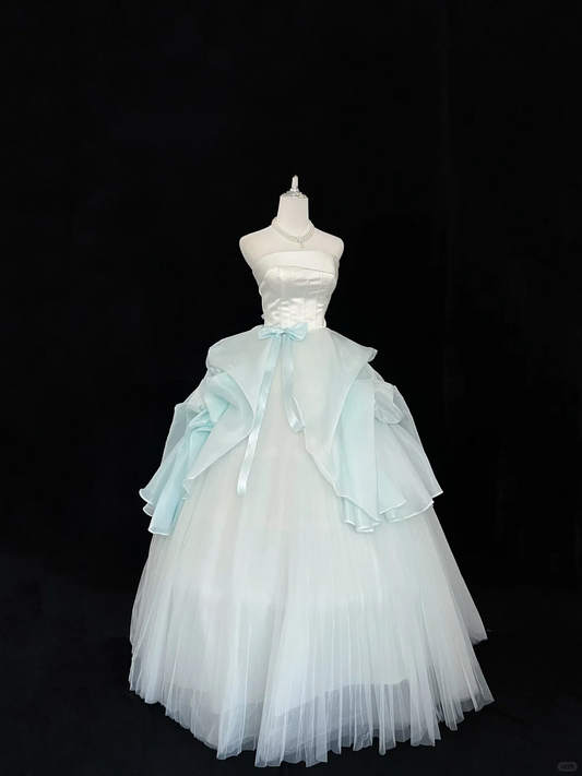 White Satin Strapless Cinched Waist Light Blue Voluminous Princess Skirt Long Romantic Dress, Wedding Gown gh7927