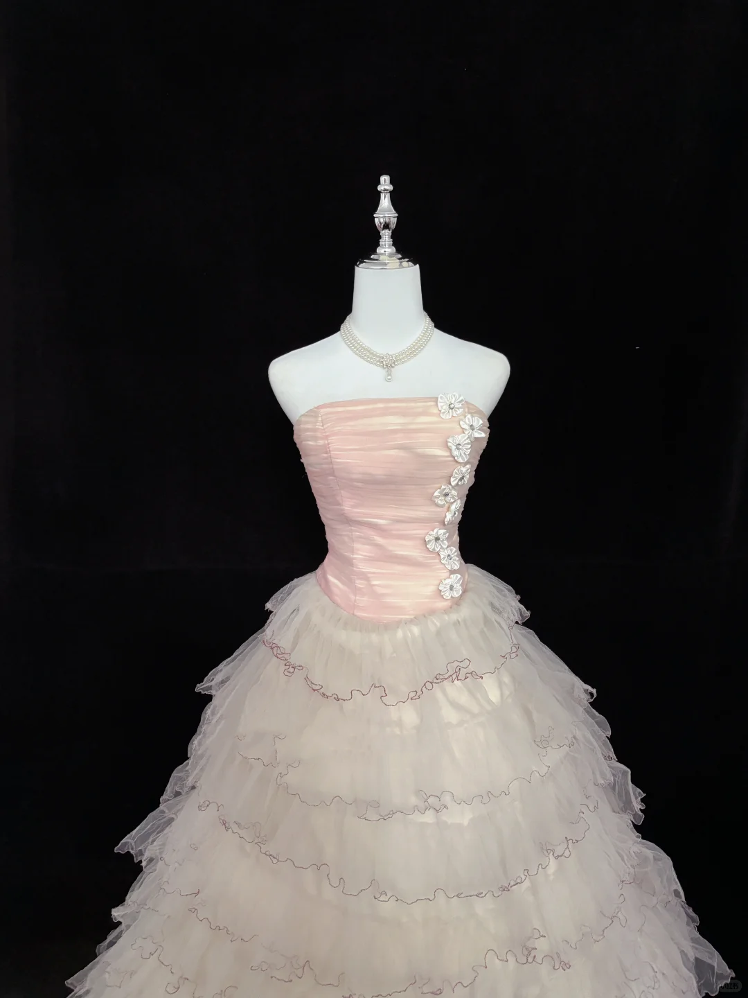 Blush Pink Strapless With Fresh Florals Cinched Waist Voluminous Tiered Skirt Romantic Dress, Wedding Gown gh8013