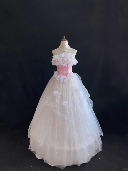 Blush Pink Strapless Romantic Gown with Floral Details, Cinched Waist & Elegant Flowy Fairy Skirt, Wedding Dress & Bridal Gown gh8147