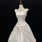 Blush Pink Spaghetti Strap Gown with Bow Detail, Cinched Waist, Embroidered Voluminous Vintage Skirt, Romantic Dress, Wedding Gown gh8102