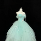 Light Lake Blue Off-the-Shoulder Cinched Waist Voluminous Skirt Long Romantic Dress, Wedding Gown gh7843
