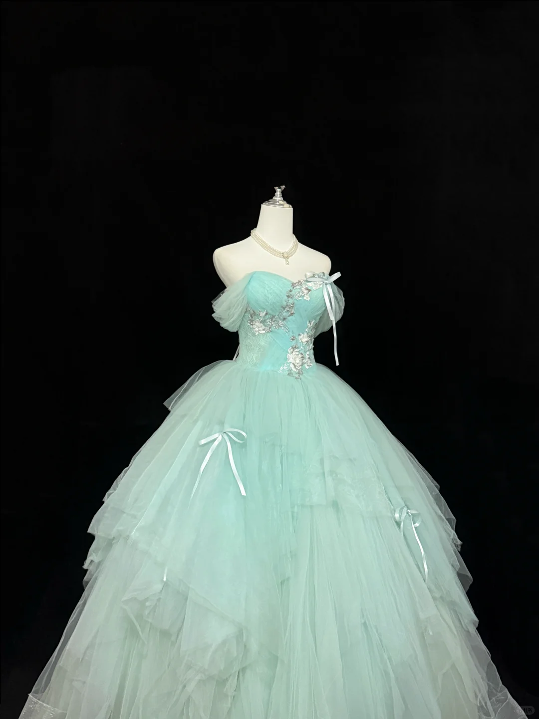 Light Lake Blue Off-the-Shoulder Cinched Waist Voluminous Skirt Long Romantic Dress, Wedding Gown gh7843