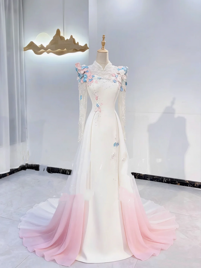 Light Pink Gradient Lace Long Sleeve Waist-Cinched Fitted Grand Long Evening Dress, Fairy Gown, Romantic Gown gh7395