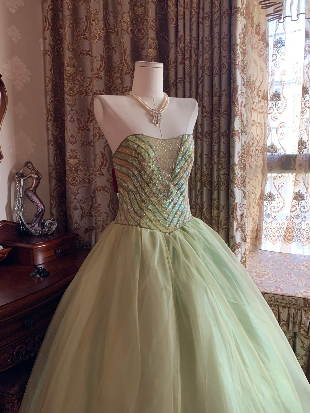 Light Green Strapless Sequin Waist-Cinched Voluminous Skirt Prom Gown, Evening Party Dress, Birthday Ball Gown gh7278