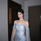 Light Blue Off-Shoulder Waist-Cinched Fitted Elegant Long Evening Dress, Fairy Gown, Romantic Gown gh7475