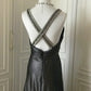 ✨🖤Robe de soirée longue en satin à col en V profond et perles noires, style cygne noir vintage Downton Abbey gh4390