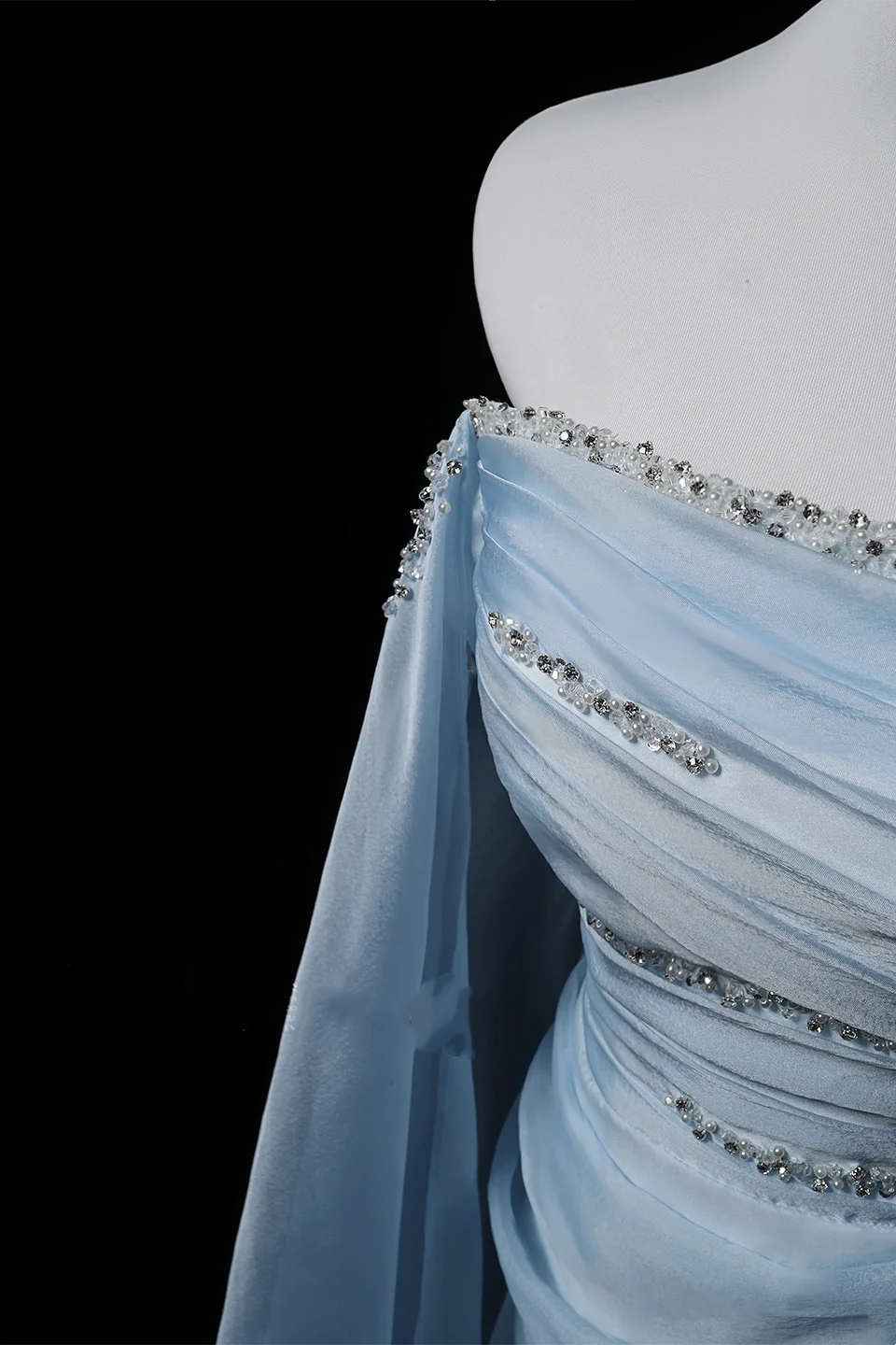 Light Blue Off-Shoulder Waist-Cinched Fitted Elegant Long Evening Dress, Fairy Gown, Romantic Gown gh7475