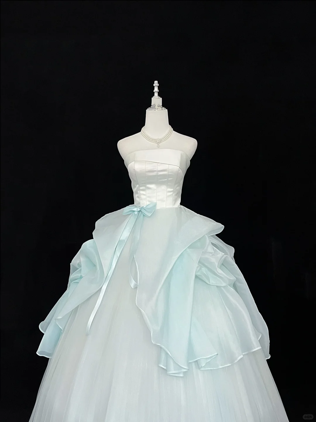 White Satin Strapless Cinched Waist Light Blue Voluminous Princess Skirt Long Romantic Dress, Wedding Gown gh7927