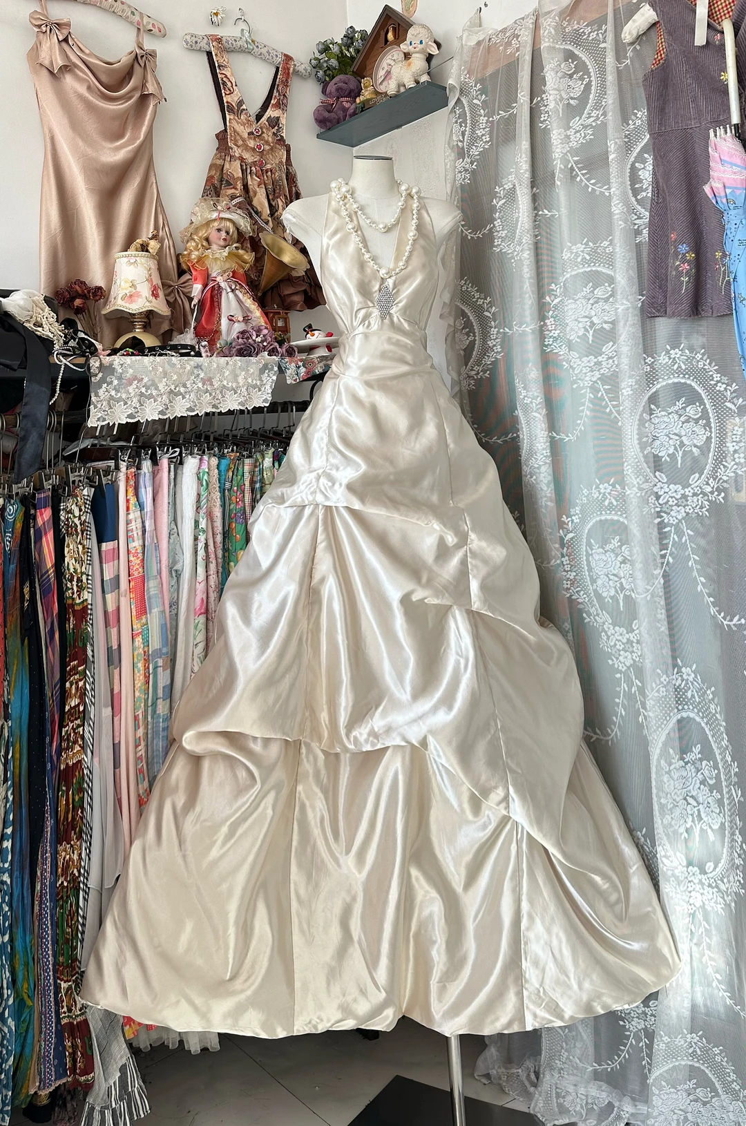 Off-White Halter Neck Fitted Waist A-Line Prom Dress, Evening Gown gh7204