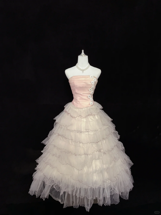 Blush Pink Strapless With Fresh Florals Cinched Waist Voluminous Tiered Skirt Romantic Dress, Wedding Gown gh8013