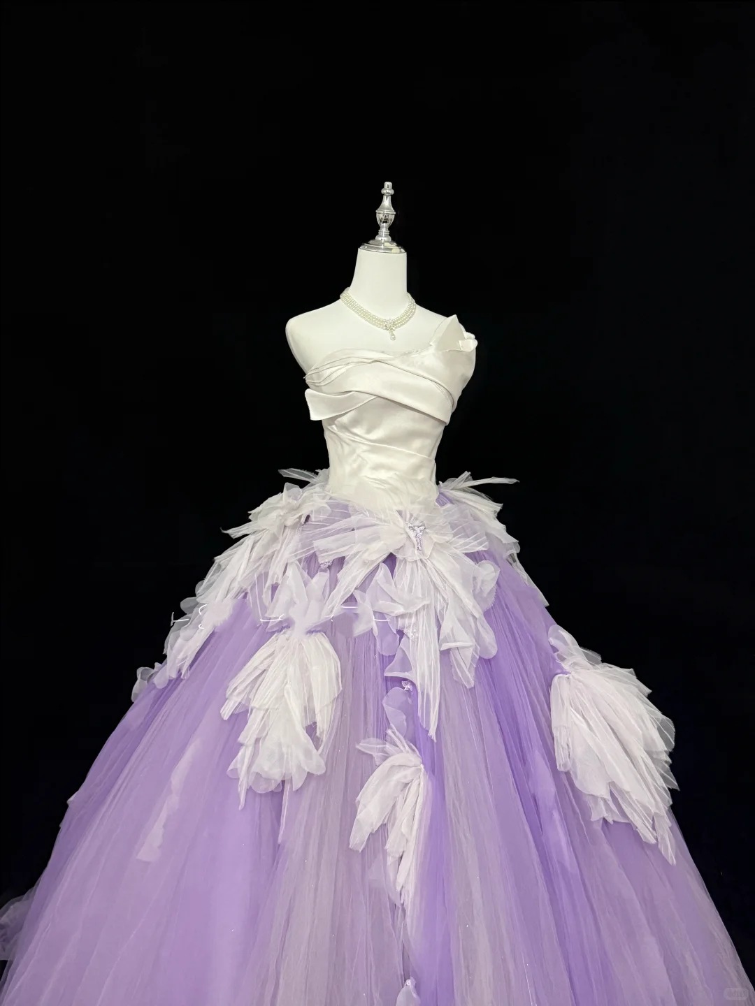 White Satin Strapless Cinched Waist Purple Voluminous Princess Skirt Romantic Dress, Wedding Gown gh7879