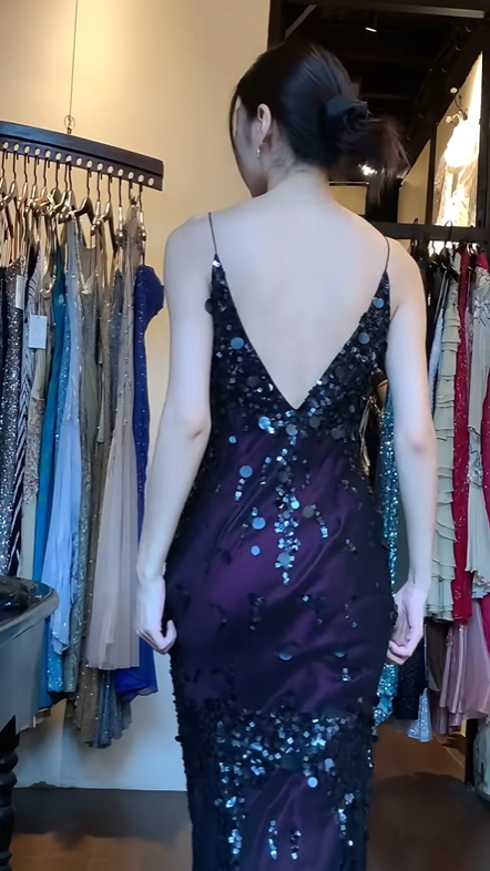 Spaghetti Straps V Neck Black Purple Ombre Evening Gown Hand Sequins Beaded Mermaid Long Prom Dress gh9694