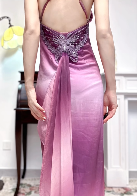 Pink‑Purple Ombré Vintage Spaghetti‑Strap V‑Neck Prom Gown, Lace‑Beaded Trim At Waist, Iridescent Shiny Satin, Fitted Bodycon Mermaid Long Dress, Matching Ombré Shawl, Evening Prom Dress gh8812