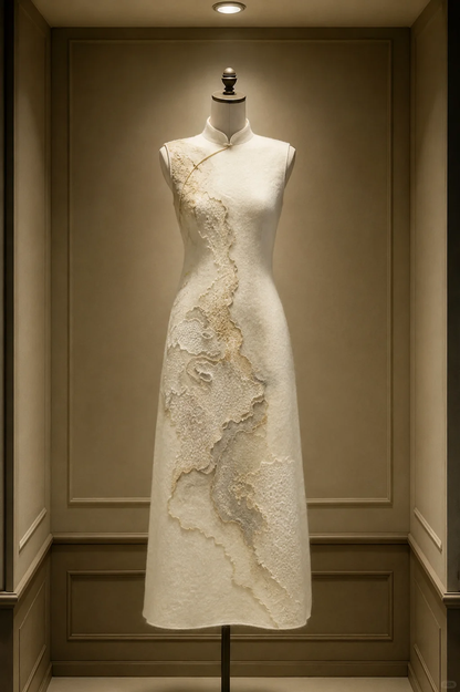 ✨Girlhomeshops-Cream White Landscape Layered Applique Sleeveless Midi Qipao Cheongsam gh10411