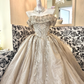 Champagne Off-the-Shoulder Waist-Cinched Gown with Silver Decorations, Voluminous Skirt Long Romantic Dress, Wedding Gown gh7760