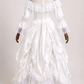 White Vintage Rococo Ball Gown, Off‑Shoulder Ruffle Neck Puff Long Sleeve Detachable Lace High Collar Multi‑Layer Lace Cake Skirt Satin Formal Dress gh9084