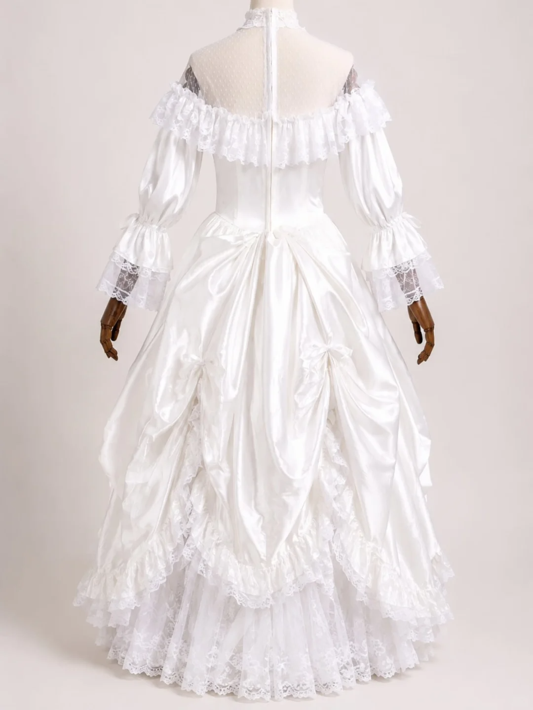 White Vintage Rococo Ball Gown, Off‑Shoulder Ruffle Neck Puff Long Sleeve Detachable Lace High Collar Multi‑Layer Lace Cake Skirt Satin Formal Dress gh9084