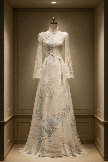 ✨Girlhomeshops-Ivory Chinese Landscape Embroidery Bell Sleeve Qipao Cheongsam Wedding Gown gh10391