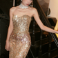 Champagne Gold Strapless Sweetheart Ombre Sequin Rhinestone Mermaid Long Evening Prom Dress gh9761