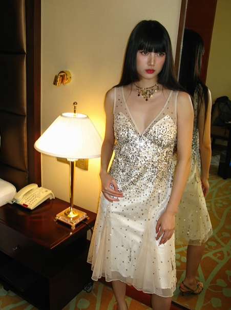 Light Champagne V-Neck Fitted Waist Sequin Vintage Luxury Prom Gown, Evening Party Dress gh8359