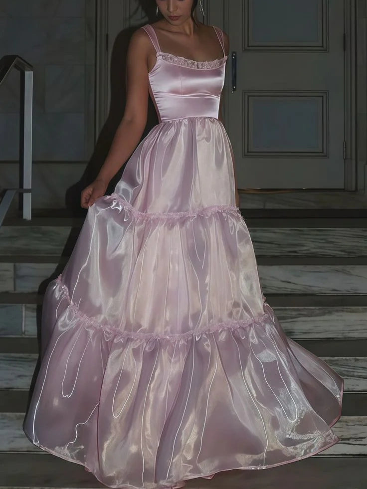Pink Fashion Elegant Shiny A-line Spaghetti Strap Long satin Lace Ball Gown,Evening Dress,Party Dress gh3517